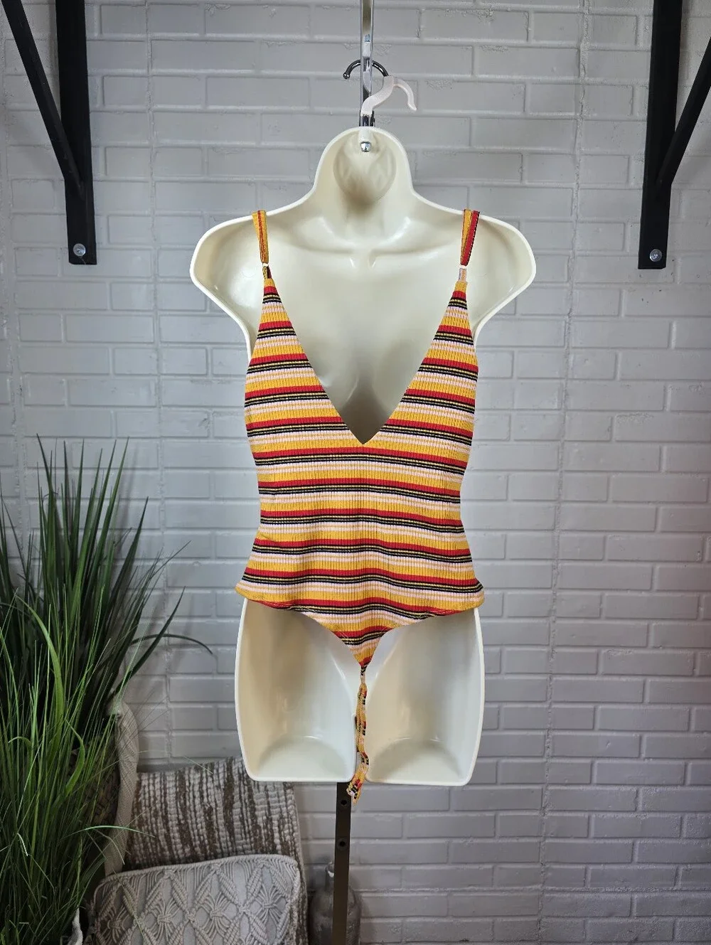 Astr Striped Spaghetti Strap Bodysuit Yellow Red Black Cream Large